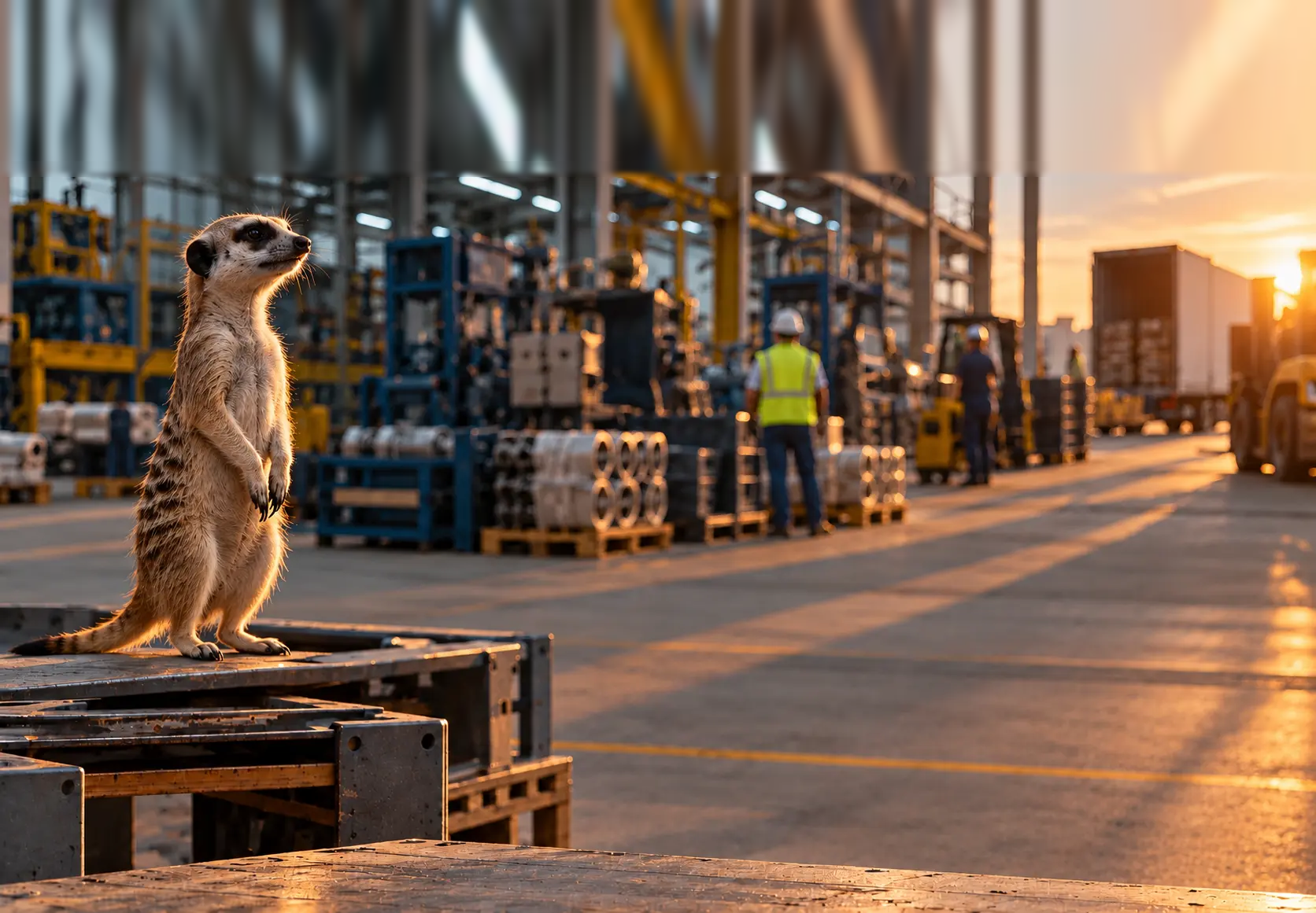 Sentinela vigiando a operação industrial ao pôr do sol